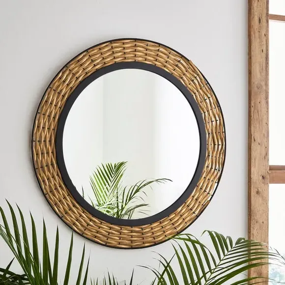 Round Wall Mirror with Rattan Details - Black