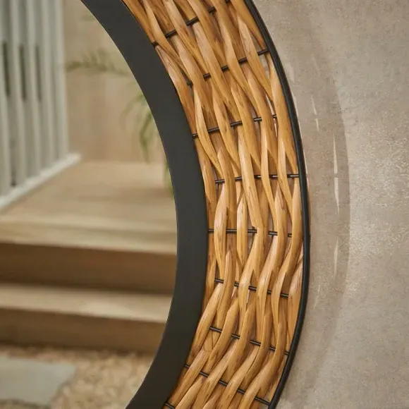 Round Wall Mirror with Rattan Details - Black