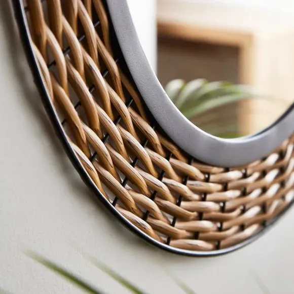 Round Wall Mirror with Rattan Details - Black
