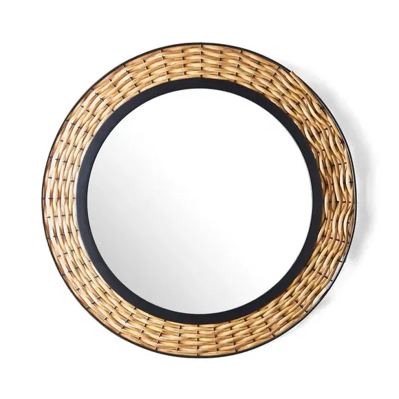 Round Wall Mirror with Rattan Details - Black