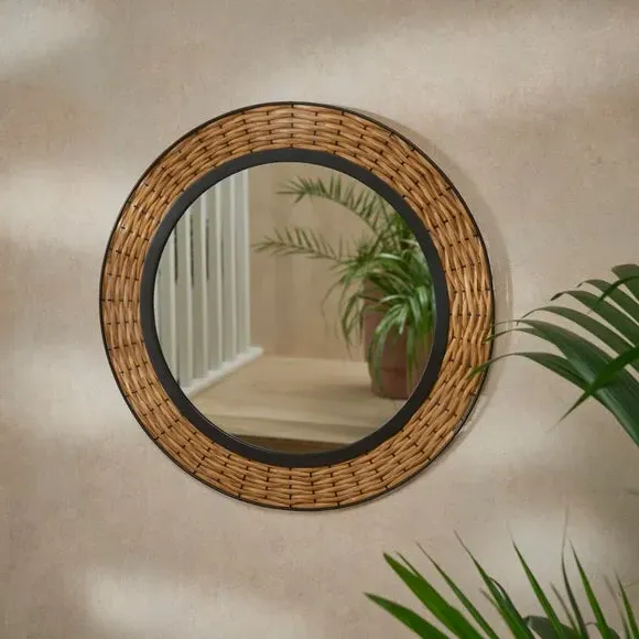 Round Wall Mirror with Rattan Details - Black image