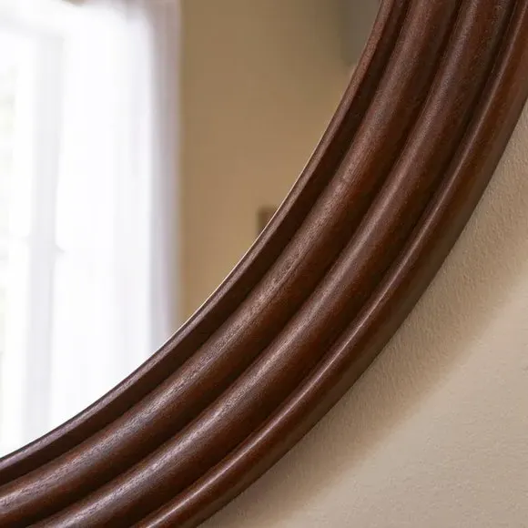 Round Wall Mirror with Ribbed Design - Wood