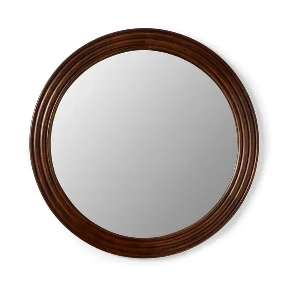 Round Wall Mirror with Ribbed Design - Wood