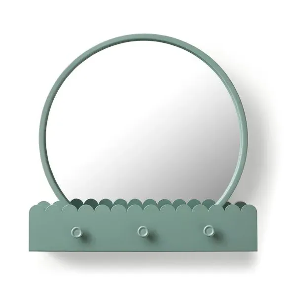 Round Wall Mirror with Scalloped Shelf - Green, Metal