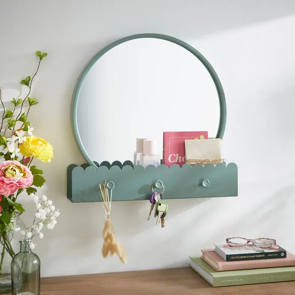 Round Wall Mirror with Scalloped Shelf - Green, Metal image