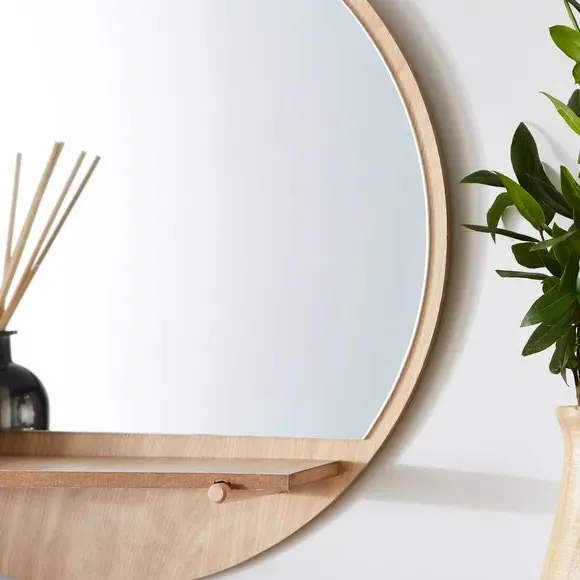 Round Wall Mirror with Shelf - Natural, Wood