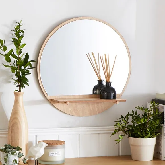 Round Wall Mirror with Shelf - Natural, Wood image