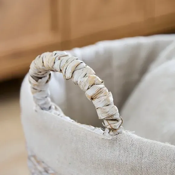 Round Wicker Basket with Handles - Whitewash