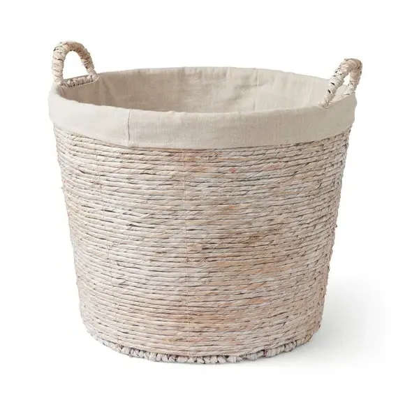 Round Wicker Basket with Handles - Whitewash