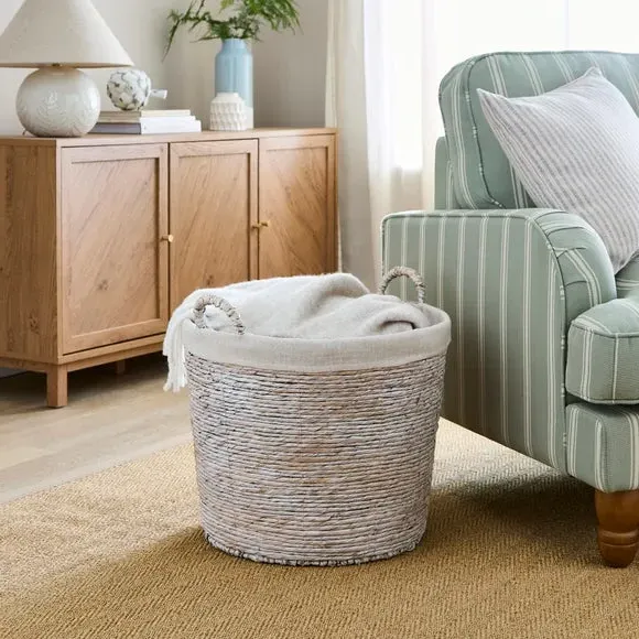 Round Wicker Basket with Handles - Whitewash image