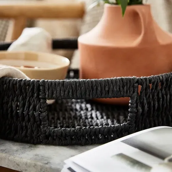 Round Woven Tray - Black, Paper Rope