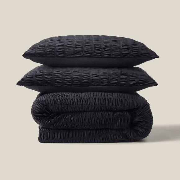 Ruched Duvet Cover Set - Black, Polyester