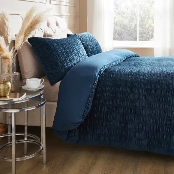 Ruched Duvet Cover Set - Teal, Polyester