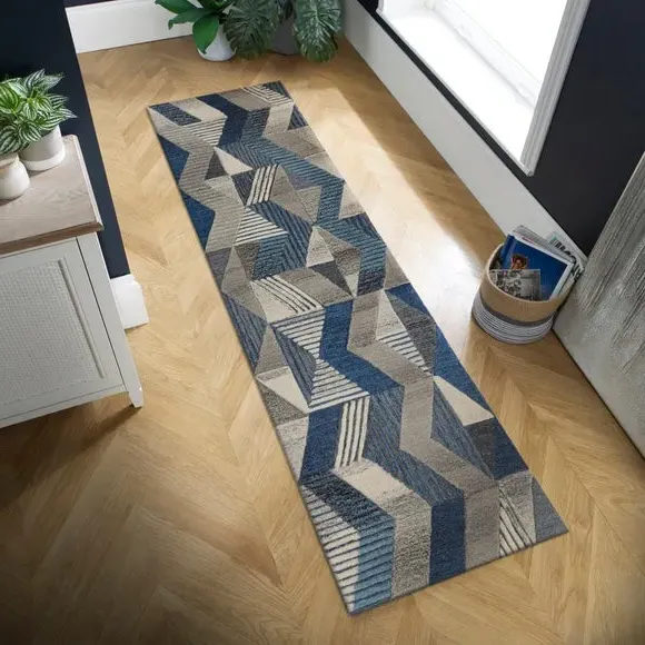 Runner Rug Hand-Carved - Blue, Wool