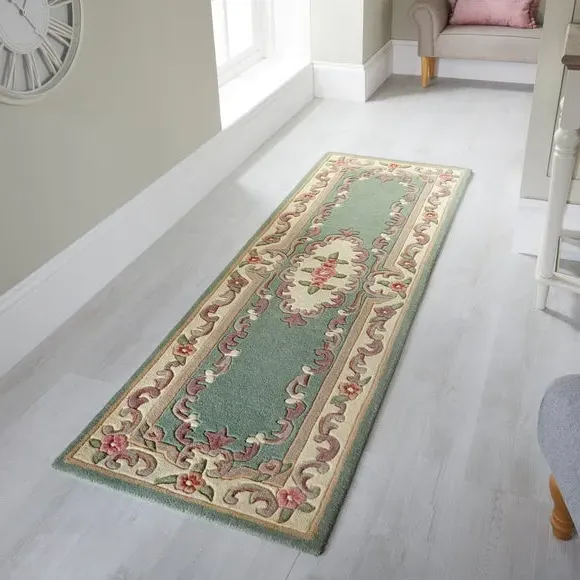 Runner Rug Hand Carved - Green, Wool