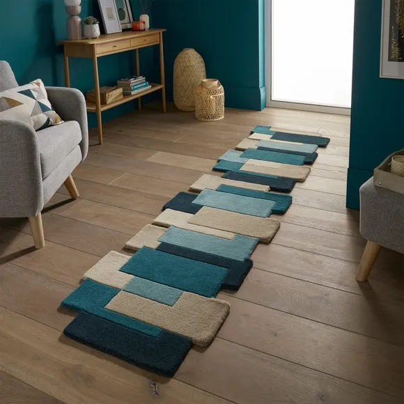 Runner Rug with Abstract Design - Teal, Wool