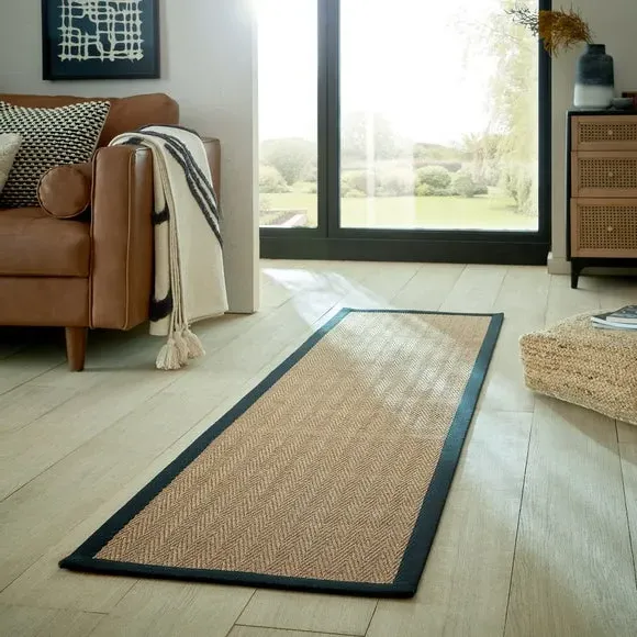 Runner Rug with Cotton Border - Black, Sisal