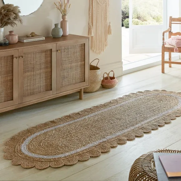 Runner Rug with Scallop Edge - White, Jute