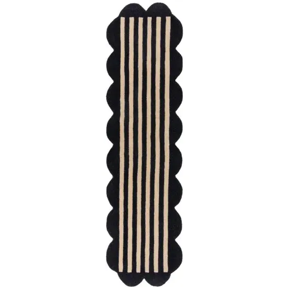Runner Rug with Scalloped Edges - Black, Wool