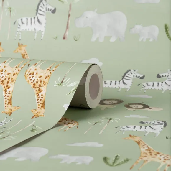 Safari Animals Wallpaper - Green, Paper