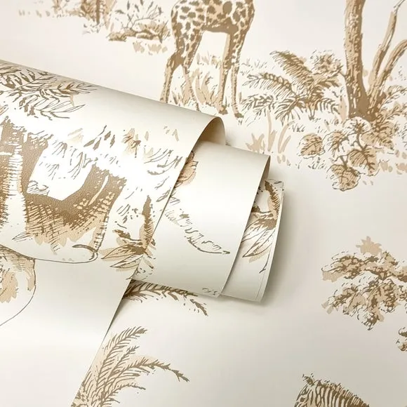 Safari Toile Wallpaper - Gold, Metallic