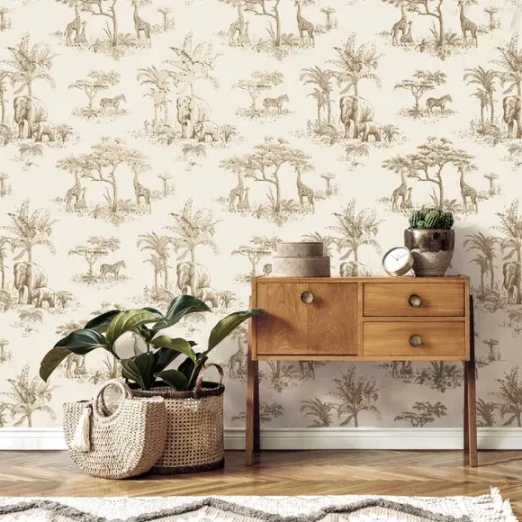 Safari Toile Wallpaper - Gold, Metallic