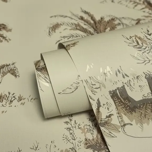 Safari Toile Wallpaper - Sage, Matt Finish