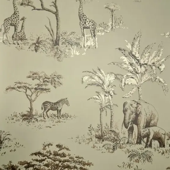 Safari Toile Wallpaper - Sage, Matt Finish