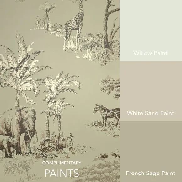 Safari Toile Wallpaper - Sage, Matt Finish