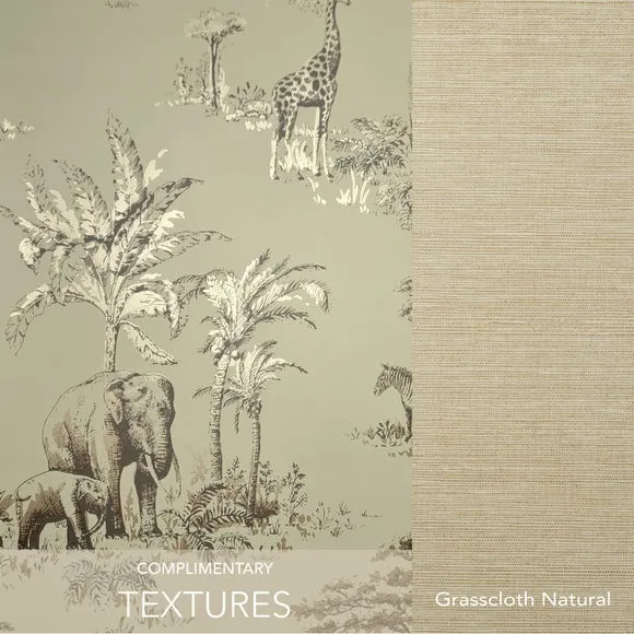 Safari Toile Wallpaper - Sage, Matt Finish