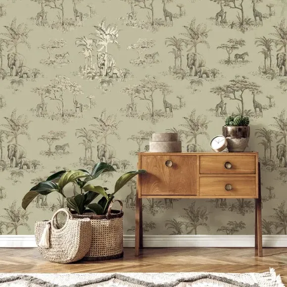 Safari Toile Wallpaper - Sage, Matt Finish