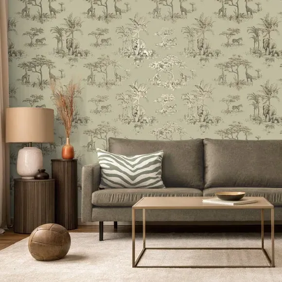 Safari Toile Wallpaper - Sage, Matt Finish image