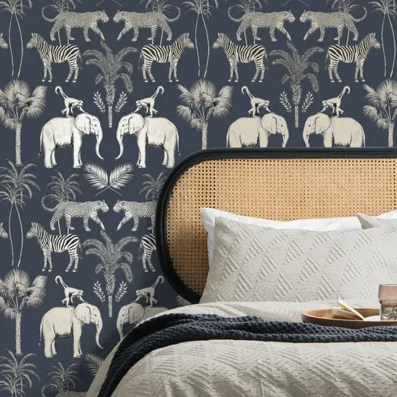 Safari Walk Wallpaper - Navy