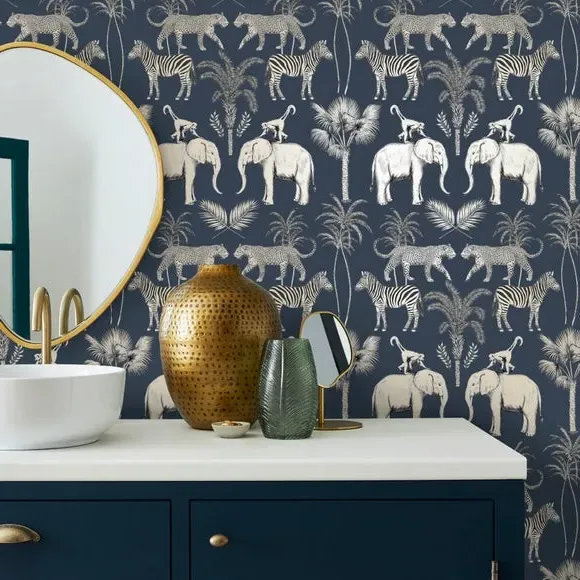 Safari Walk Wallpaper - Navy