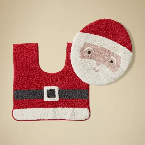 Santa Toilet Seat Cover & Mat Set - Red, Fabric