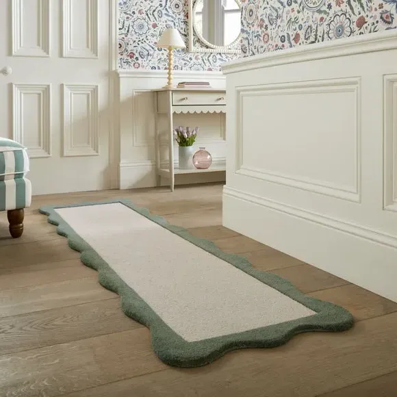 Scallop Border Wool Runner - Sage, Wool