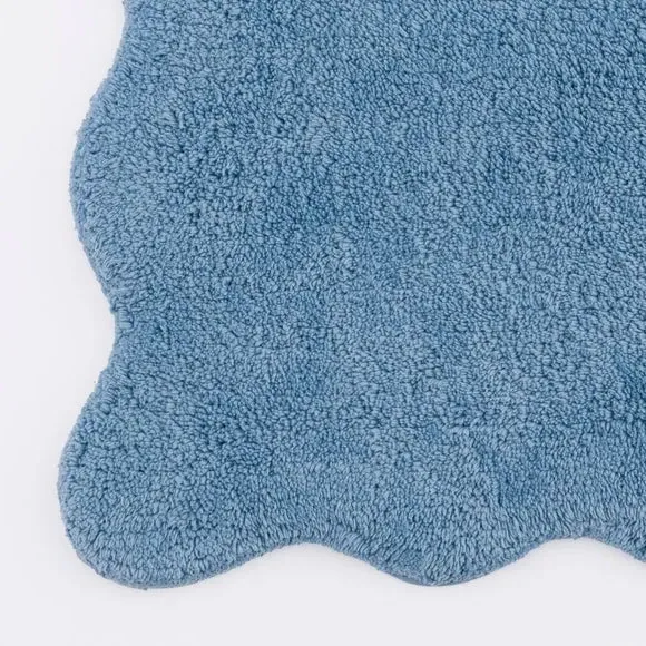 Scalloped Bath Mat with Anti-Slip - Blue, Cotton