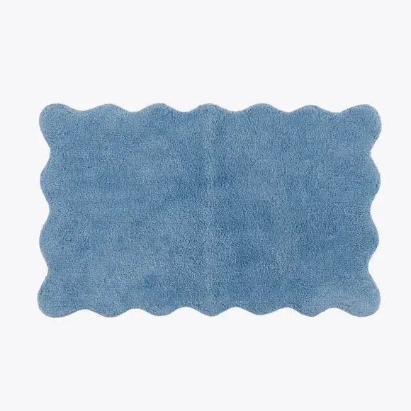 Scalloped Bath Mat with Anti-Slip - Blue, Cotton