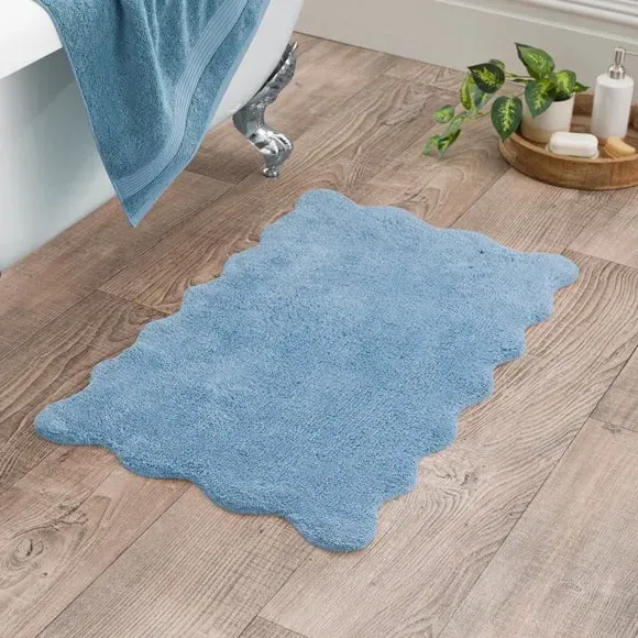 Scalloped Bath Mat with Anti-Slip - Blue, Cotton