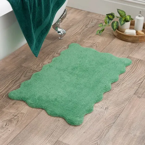 Scalloped Bath Mat with Anti-Slip - Chive, Cotton
