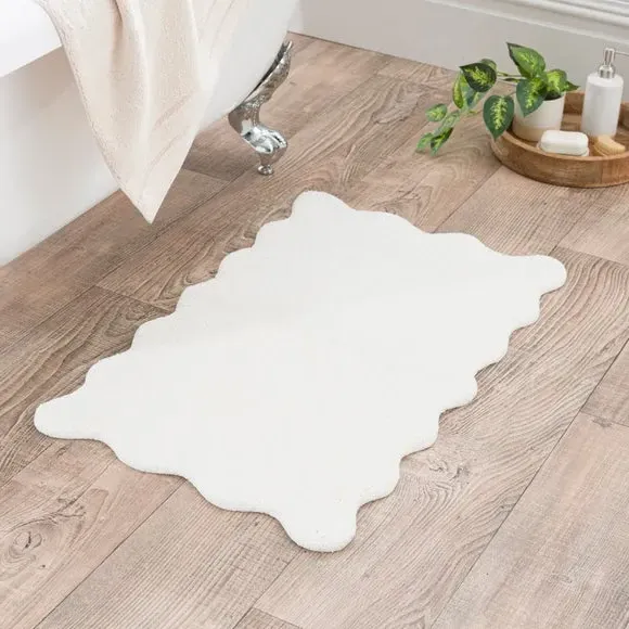 Scalloped Bath Mat with Anti-Slip - Cream, Cotton