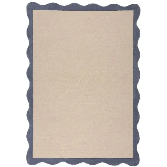 Scalloped Wool Rug - Blue, Hand-Carved