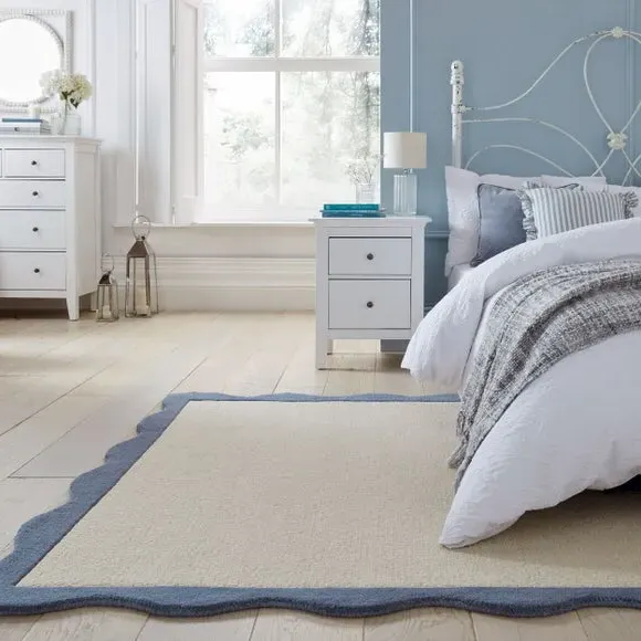 Scalloped Wool Rug - Blue, Hand-Carved