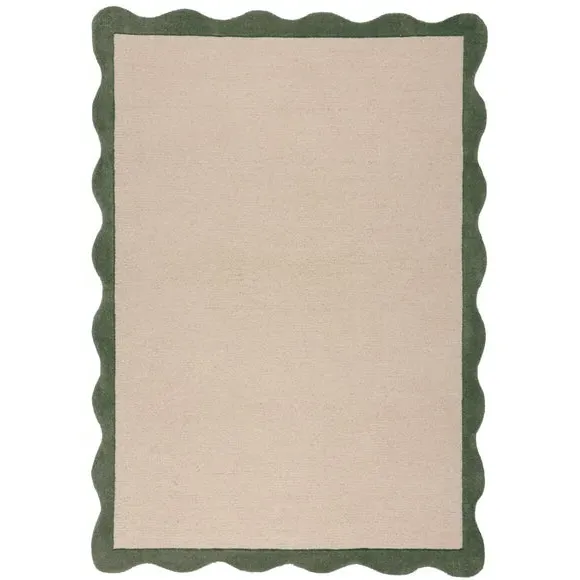 Scalloped Wool Rug - Green, Hand-Carved