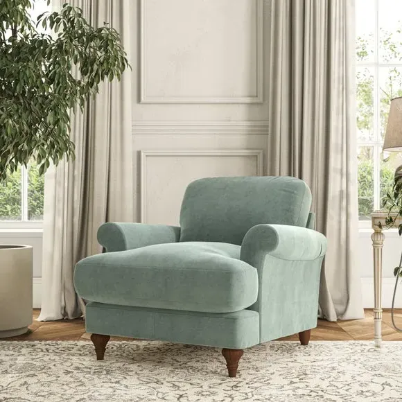 Scroll Arm Armchair with Springs - Green, Velvet