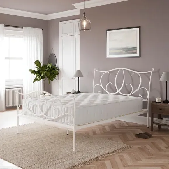 Scrolled Bed Frame with Sprung Slats - Ivory, Metal