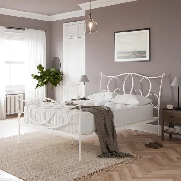 Scrolled Bed Frame with Sprung Slats - Ivory, Metal