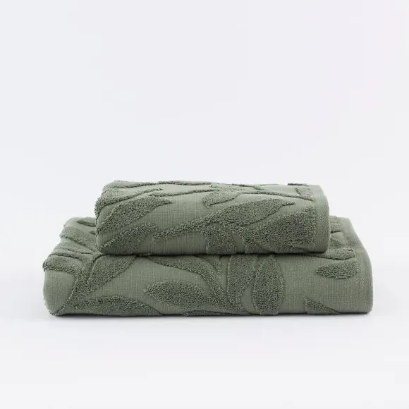 Sculptured Bath Towel with Leaf Design - Moss Green