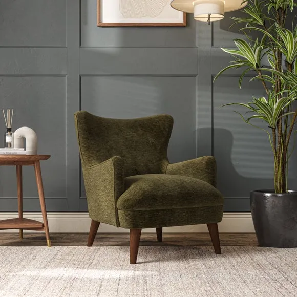 Semi-Wingback Armchair with Pleated Arms - Olive