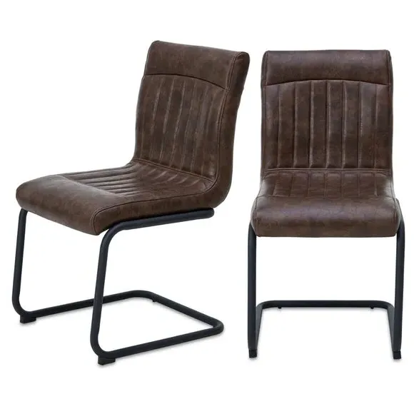 Set of 2 Cantilever Dining Chairs - Brown, Faux Leather